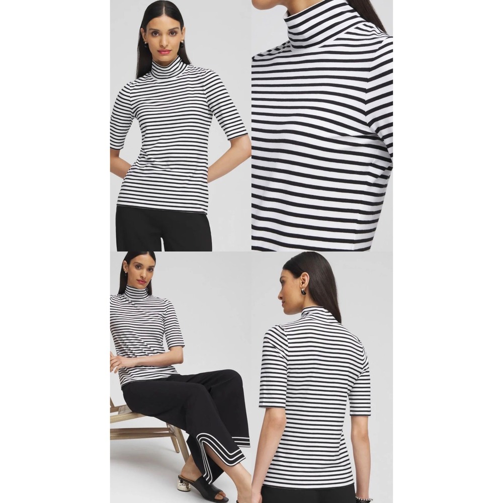 Chico's Striped Mock Neck Top Black White Pima Cotton Blend Elbow Sleeve Size 0